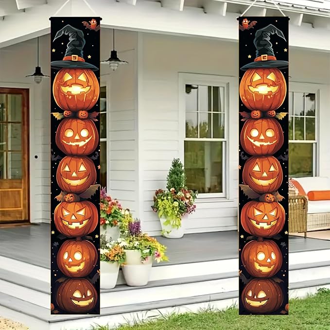 Halloween Door Banner 12x71 Inch Porch Hanging Front Door Indoor Outdoor Stacked Pumpkin Tower Witch Hat Bat Spooky Decorations Vertical Banner