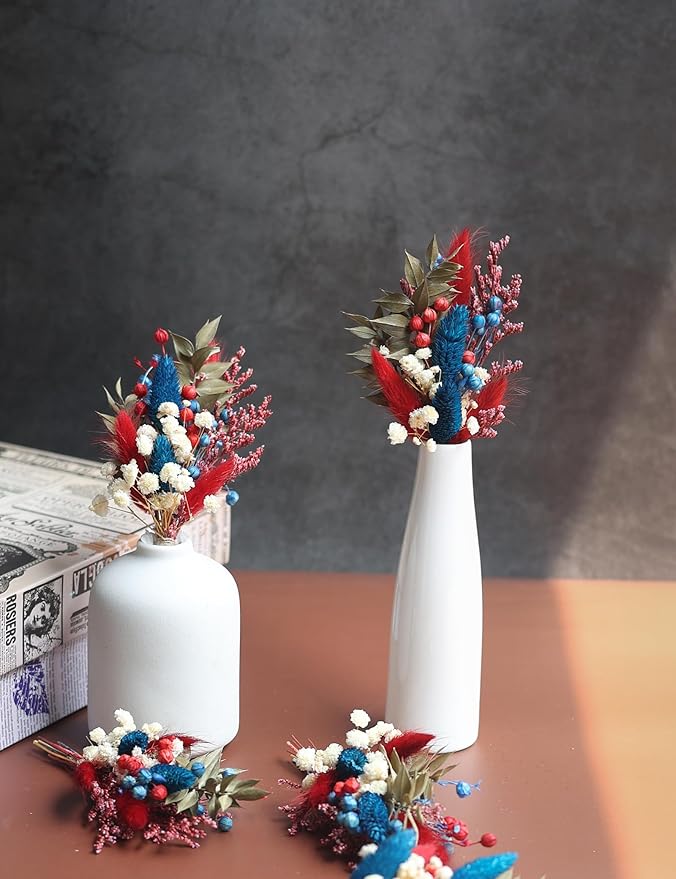 xin's convey Mini Dried Flower Bouquet 6 Piece Set, Burgundy Party Favours, Party Plate Decorations, Bridesmaids Flower Girl Proposal Boxes, Wall Decorations.(Blue + Burgundy)