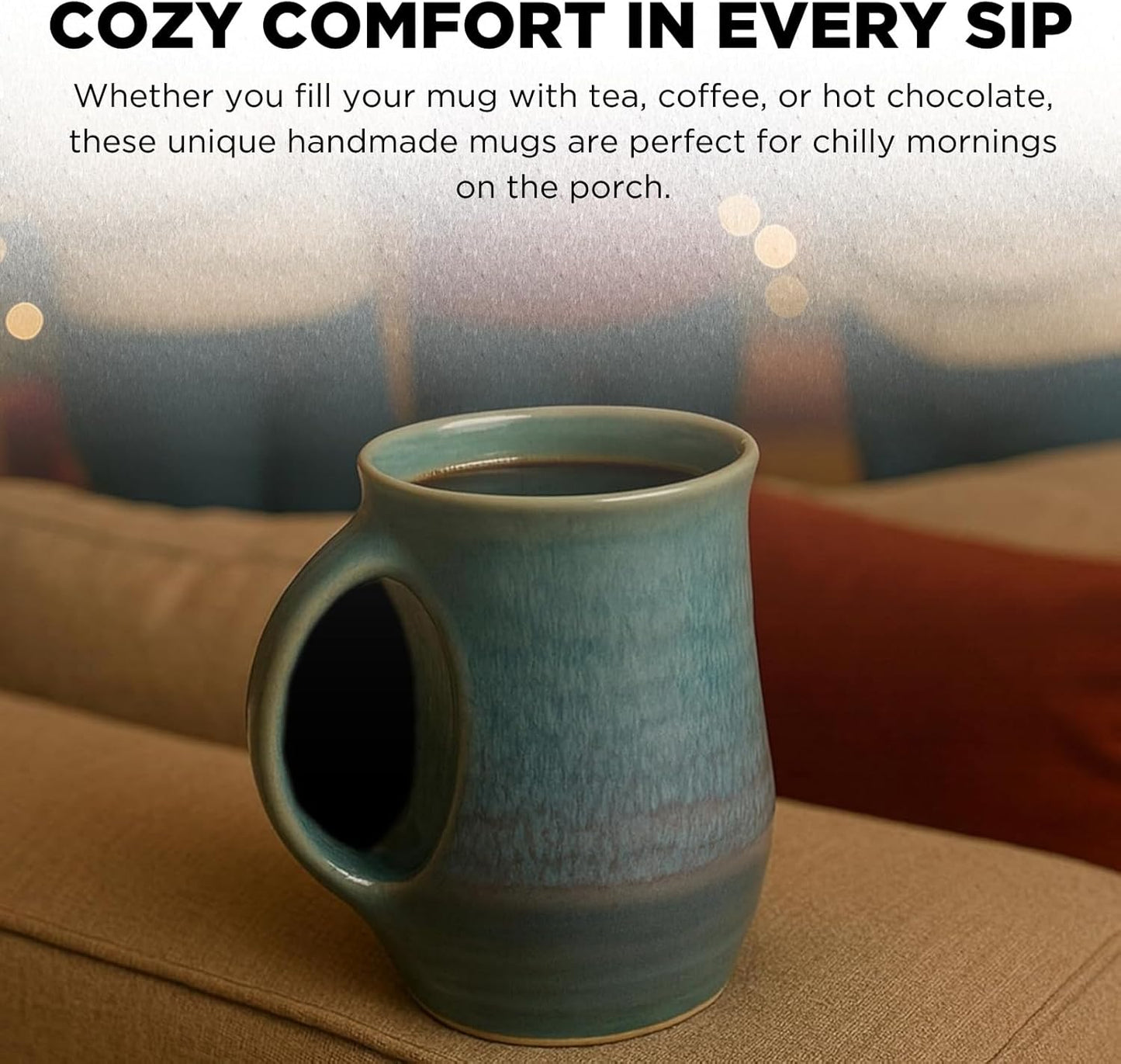 GUTE Hand Warmer Mug, Ceramic and Hand Painted - Contoured Pocket will Hold Warmth From The Heat Of Your Drink To Keep Your Fingers Warm, Comfy Handwarmer (Lagoon Blue) (Left hand)