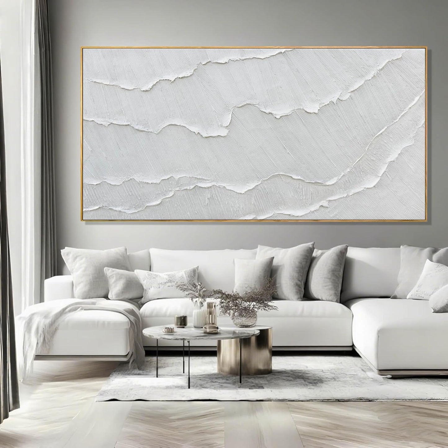 Contemporary Gray-White Abstract Flat printing Wall Art with Frame Large Canvas Ocean waves Painting for Living Room Bedroom Above Couch Decor 29"x58"