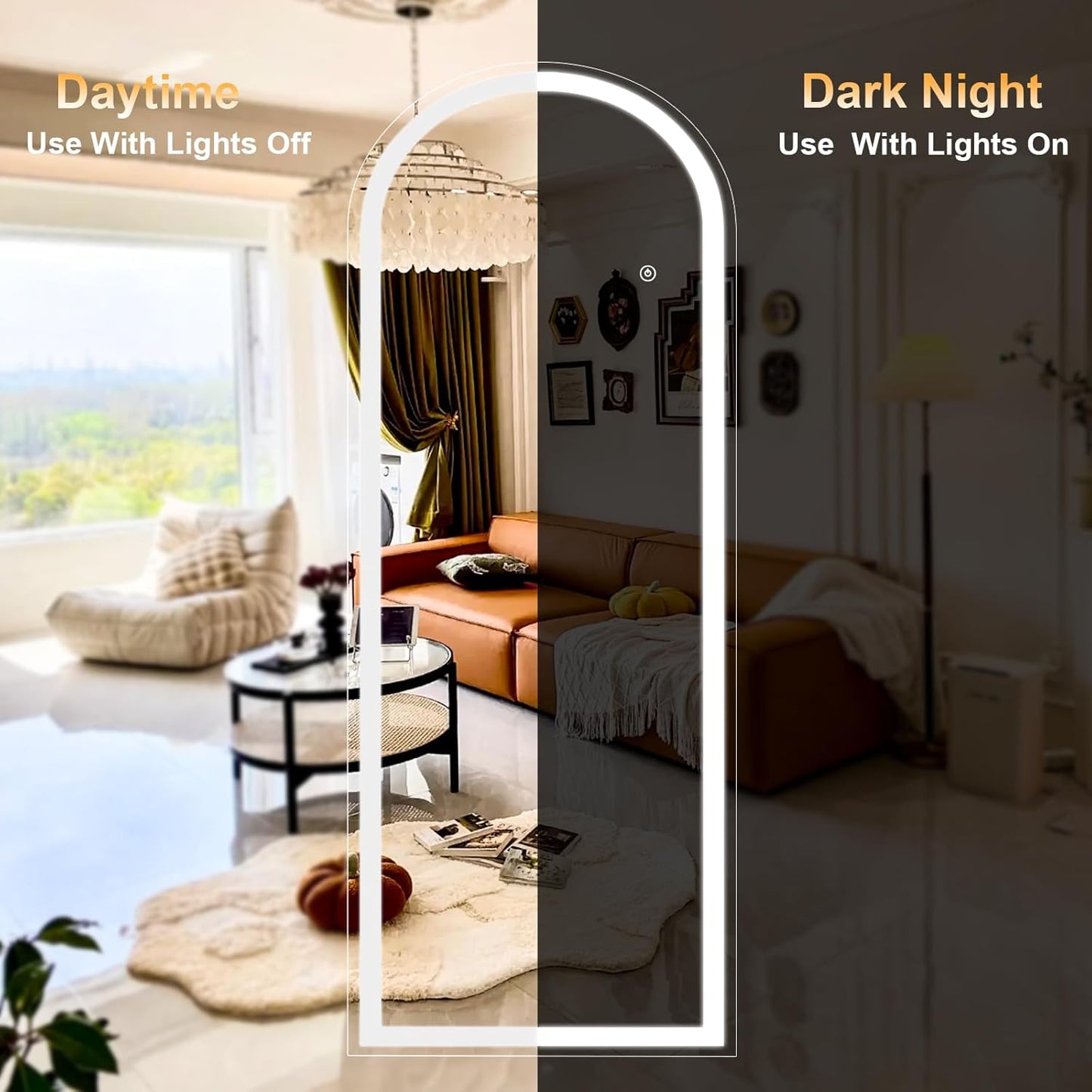 LED White Arched Full Length Mirror - 21“ x 64” Adjustable Brightness, Touch Screen Controls, Wall Mounted or Freestanding for Bedroom, Living Room, Cloakroom Dressing Mirror