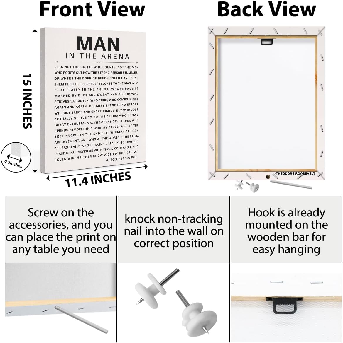 Inspirational Wall Art Office Decor The Man in the Arena Motivational Positive Quote Canvas Print Gift for Men Framed Canvas Wall Decor Positive Affirmations Wall Art for Bedroom Study Gym Room