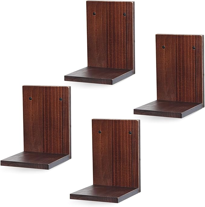 Small Wall Shelf Modern,Wooden Mini Floating Shelves,Indoor Wall Mounted Plants Shelf L Shaped,Midcentury Display Decorative Holder for Gallery Living Room Bedroom Porch,Pine,4 Pack(Rustic Walnut)