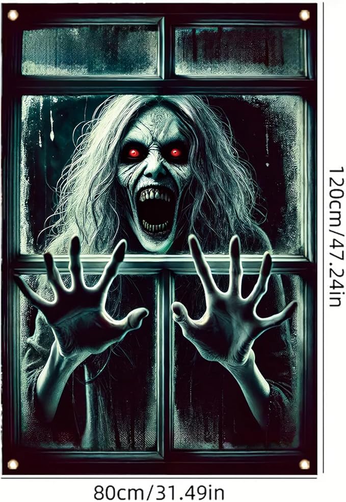 Window Cover Halloween 47x31 Inch Scary Red Eye Screaming Ghost Banner Creepy Horror Decoration for Haunted House Outdoor Indoor Poster Window Prop Decor