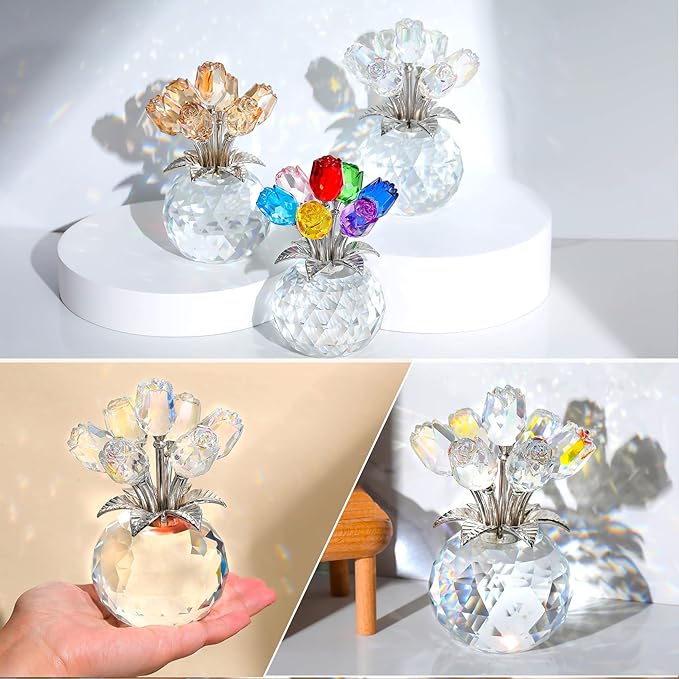 Ornalrist Crystal AB-Color Rose Bouquet Flower with Vase Figurine Decor, Roses Floral Collectible Romantic Gifts for Her, Wife, Mom on Valentine's Christmas Anniversary Mother's Day