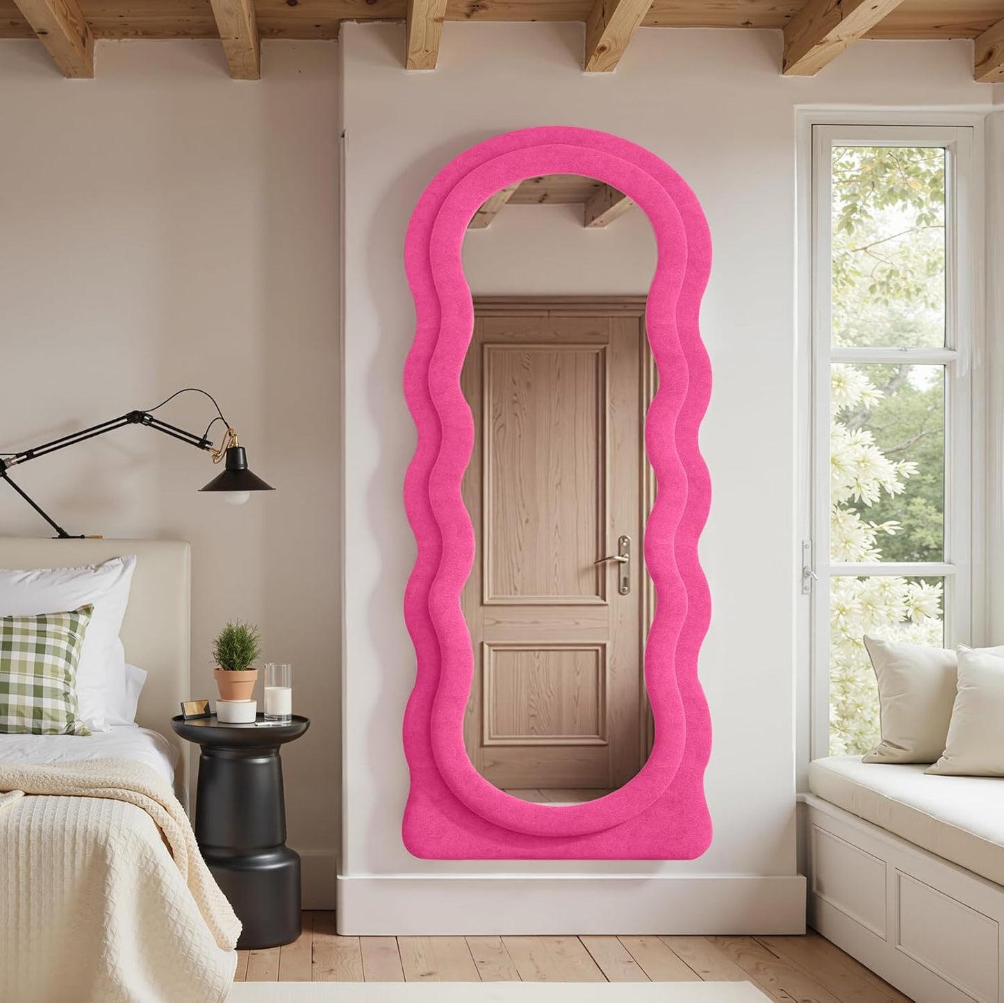 Full Length Mirror 71"x30" Irregular Wavy Full Body Wall Mounted Floor Mirror with Stand Hot Pink Flannel Frame Leaning Hanging Wall for Bedroom Entrance Hallway