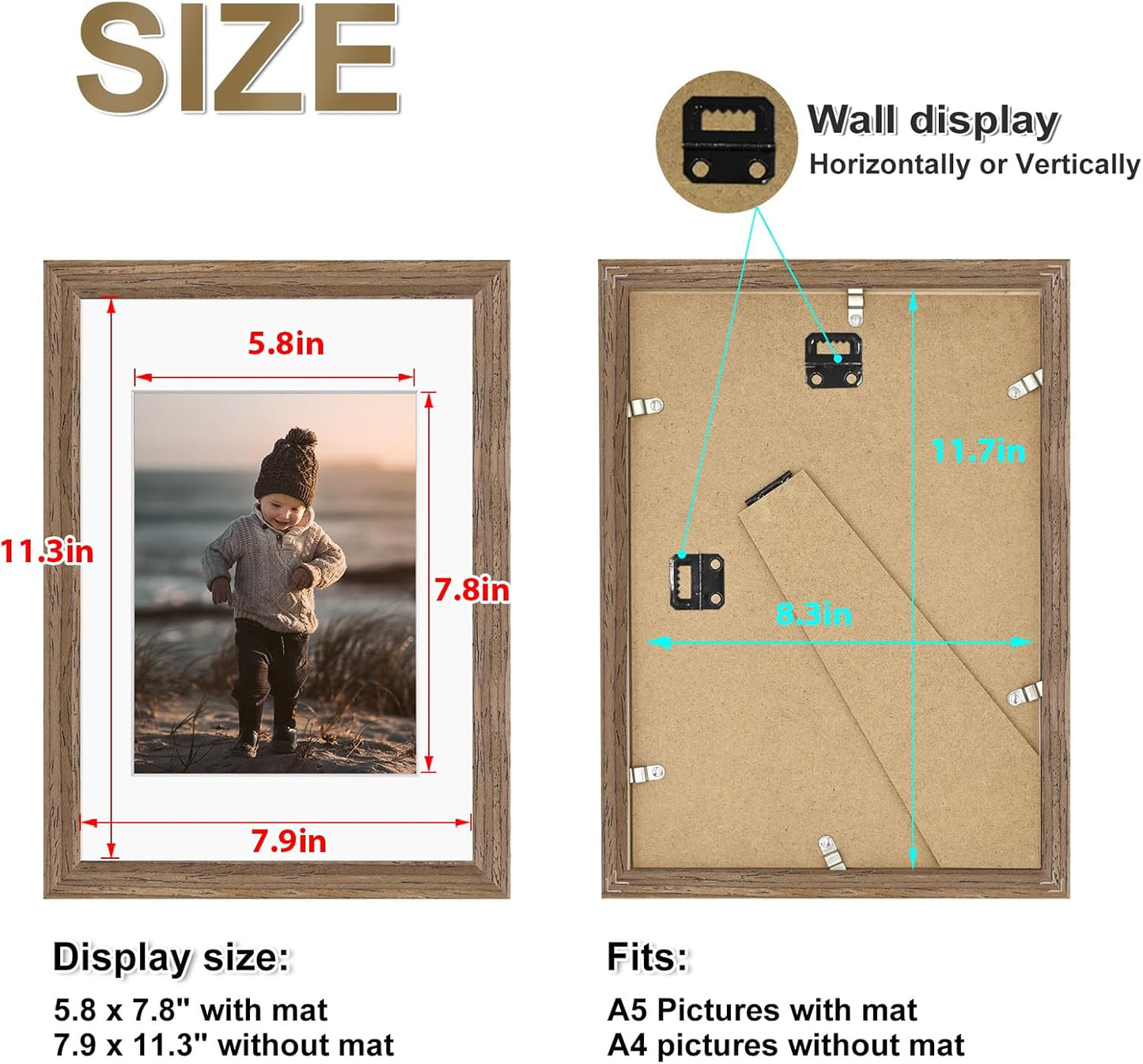 KINLINK A4 Picture Frame, Brown Solid Wood Frames with Acrylic Plexiglass for Pictures A5 with Mat or A4 without Mat, Tabletop and Wall Mounting Display 4 Pack