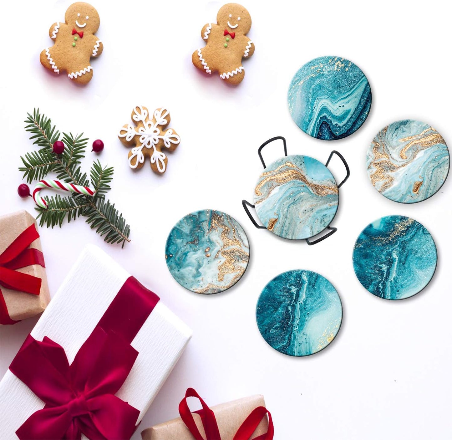 Dooke Coasters for Drinks, Round Absorbent Ceramic Stone Coasters Set of 6 with Cork Base,Funny Coaster with Holder for Cold Drinks Wine Mugs and Cups Tabletop Protection, 4 Inches,Teal Marble