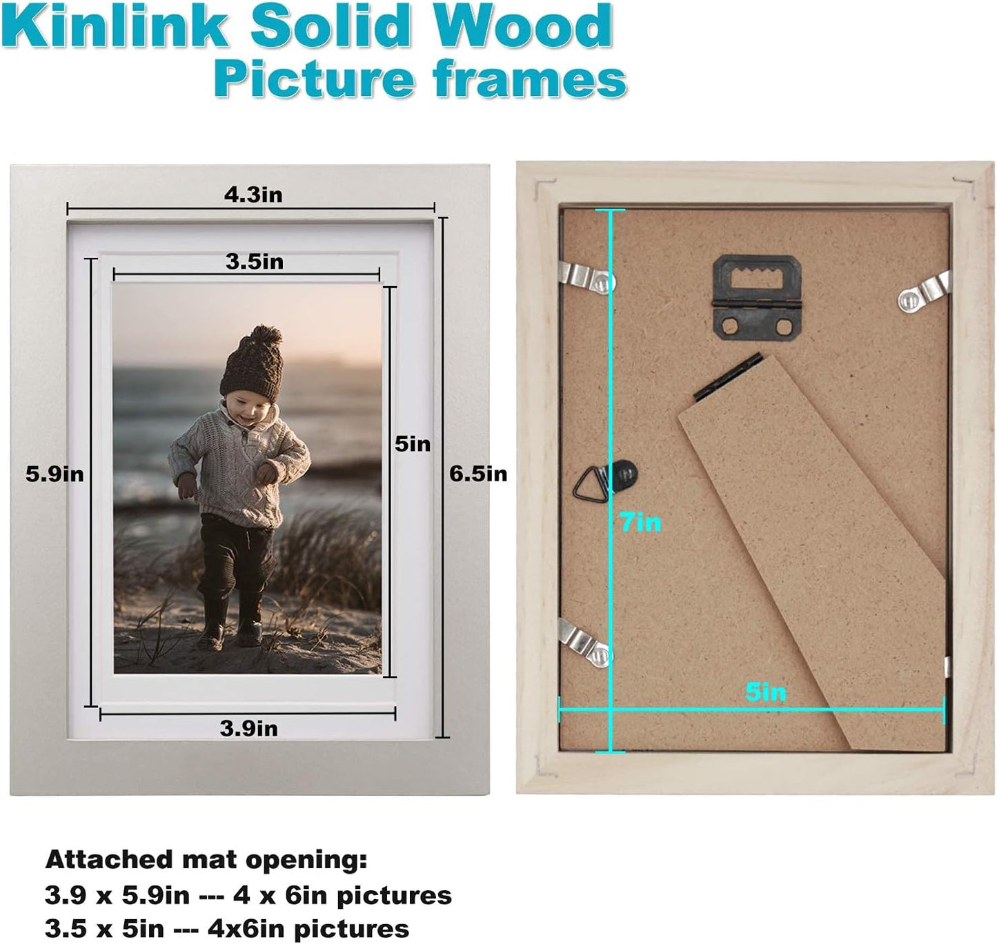 KINLINK 5x7 Picture Frame Light Grey, Solid Wood Frames with Acrylic Plexiglass for Pictures 4x6 with Mat or 5x7 without Mat,Tabletop and Wall Display Photo Frame Set of 4