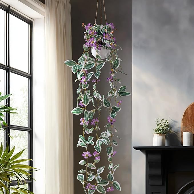 2PCS Artificial Hanging Plant with Pot Faux Hanging Plants Small Hanging Plants Pot with Artificial Vines and Flower Greenery Decoration for Living Room Wall Home Wall Shelf