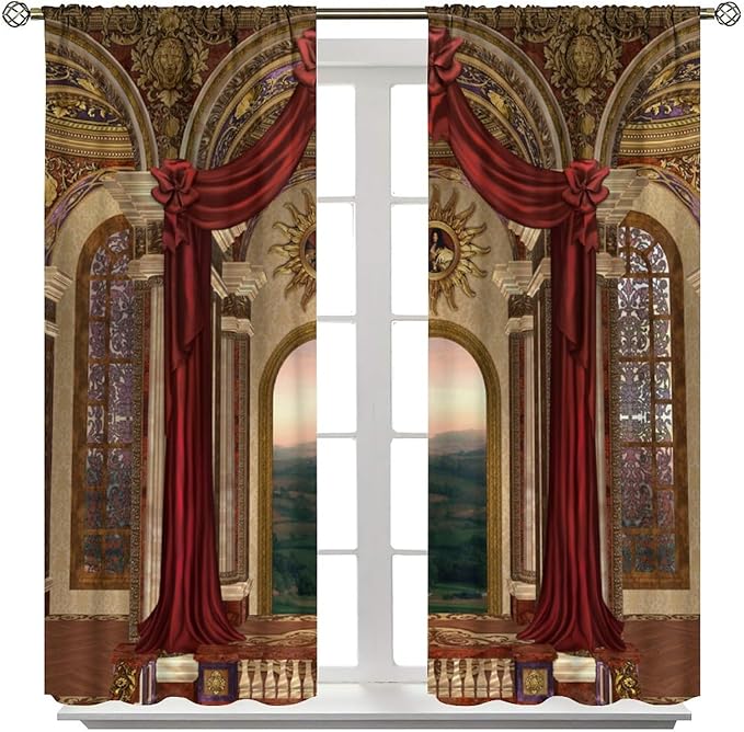 Gothic Blackout Curtains,Red Fantasy Palace Pattern Drapes Window 2 Panel Rod Pocket Curtain for Bedroom Living Room Decor 21" W X 45" L