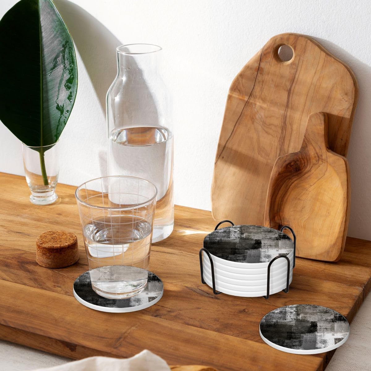 LOKMU Coasters for Drinks,Round Absorbent Ceramic Stone Coaster Sets of 6 with Metal Holder Stand,Black and Grey Abstract Art Coasters with Cork Base for Coffee Wooden Table,Housewarming Gifts