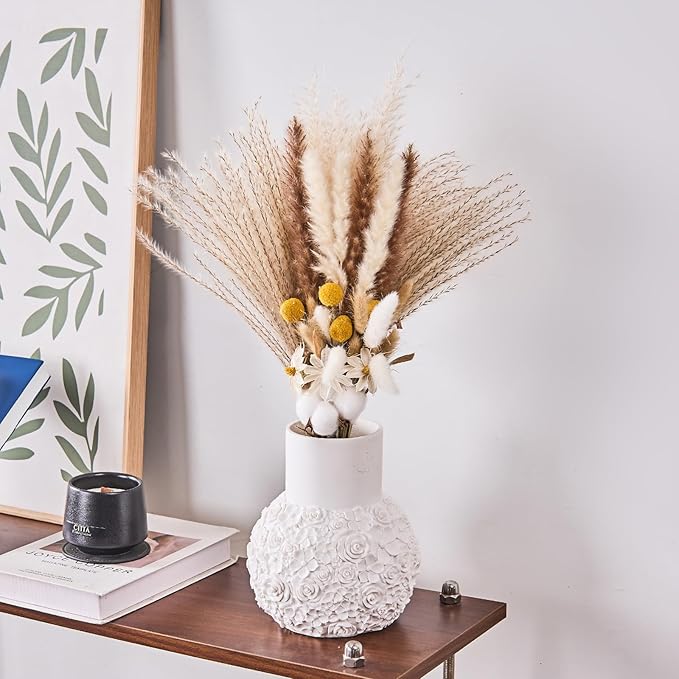 White Rose Hand-Carved Resin Vase – 8 Inch Decorative Bulb Vase for Pampas Grass, Centerpiece, Home Decor | Elegant Entryway, Countertop & Nightstand Accent | Unique Housewarming Gift