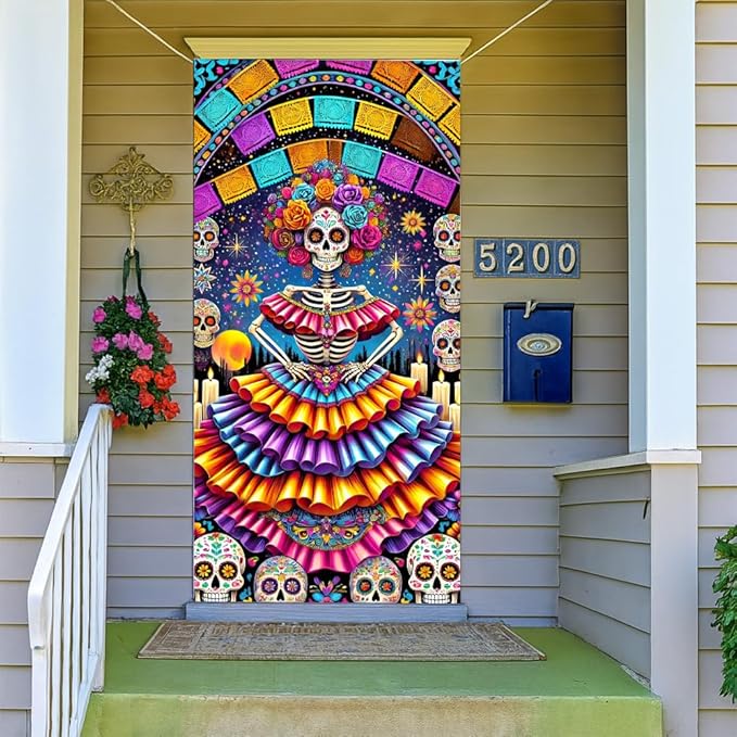 2D flat Colorful Sugar Skull Day of the Dead Door Decorations Día de los Muertos Door Cover Banner Indoor Outdoor Front Door 71x35 Inch