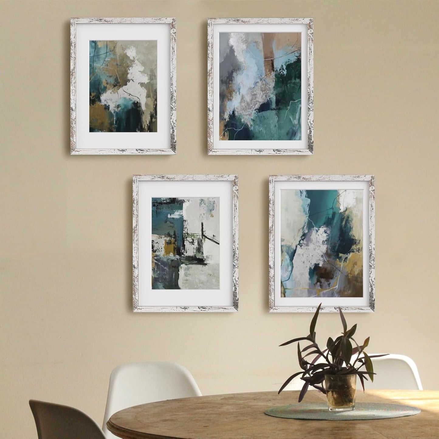 Egofine 12x16 Picture Frames Set of 4, Made of Solid Wood Covered by Plexiglass 9x12 and 11x14 with Mat or 12x16 without Mat, for Wall Mounting Photo Frame Rustic White