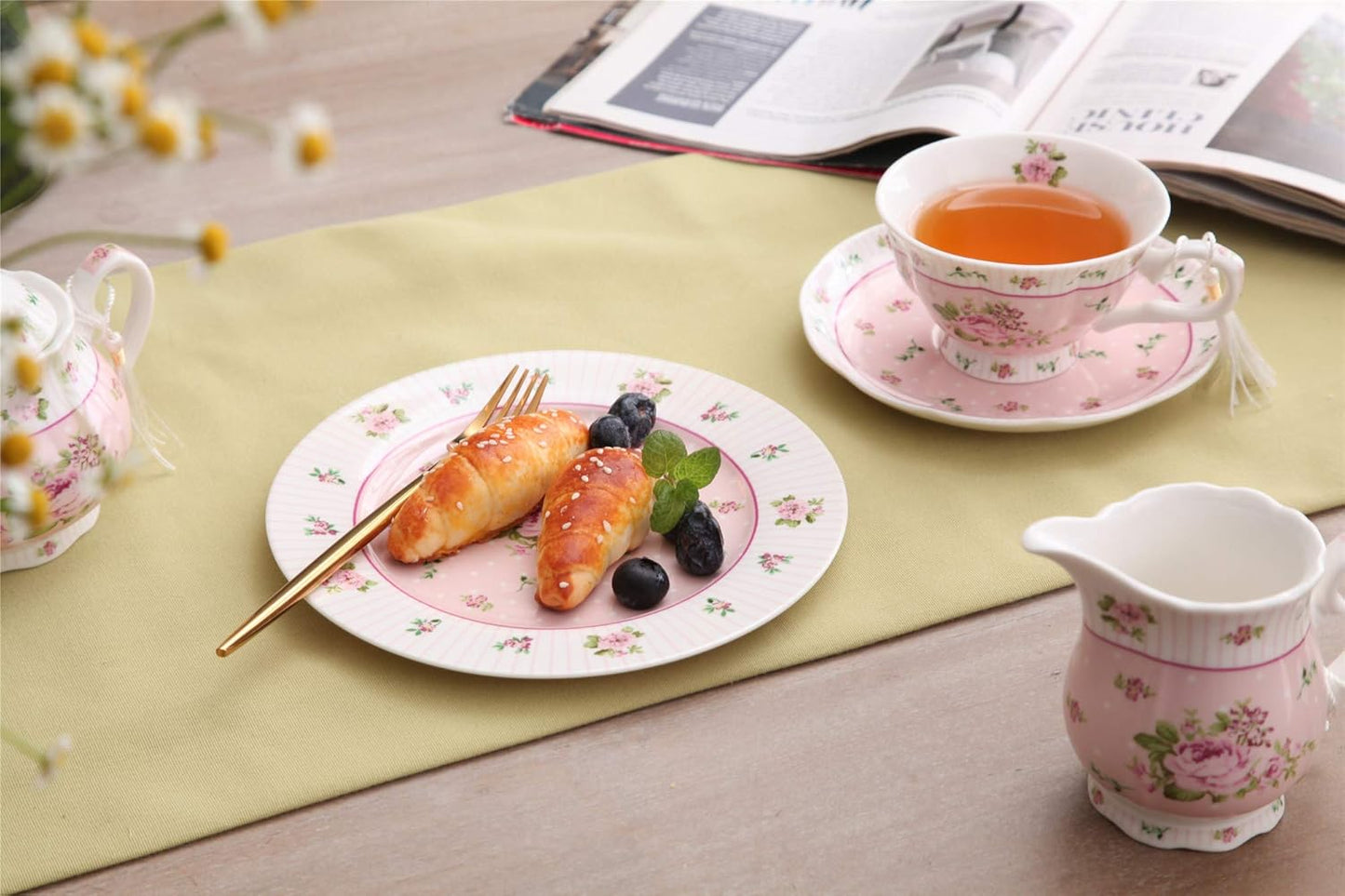 London Boutique Tea Cups and Saucers Set Afternoon Tea Set Vintage Flora Rose Lavender Porcelain Gift Box (Rose Pink 1pc Set)