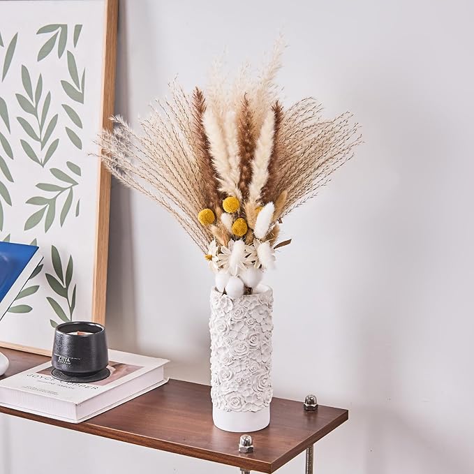 White Rose Hand-Carved Resin Vase – 8 Inch Decorative Cylinder Vase for Pampas Grass, Centerpiece, Home Decor | Elegant Entryway, Countertop & Nightstand Accent | Unique Housewarming Gift