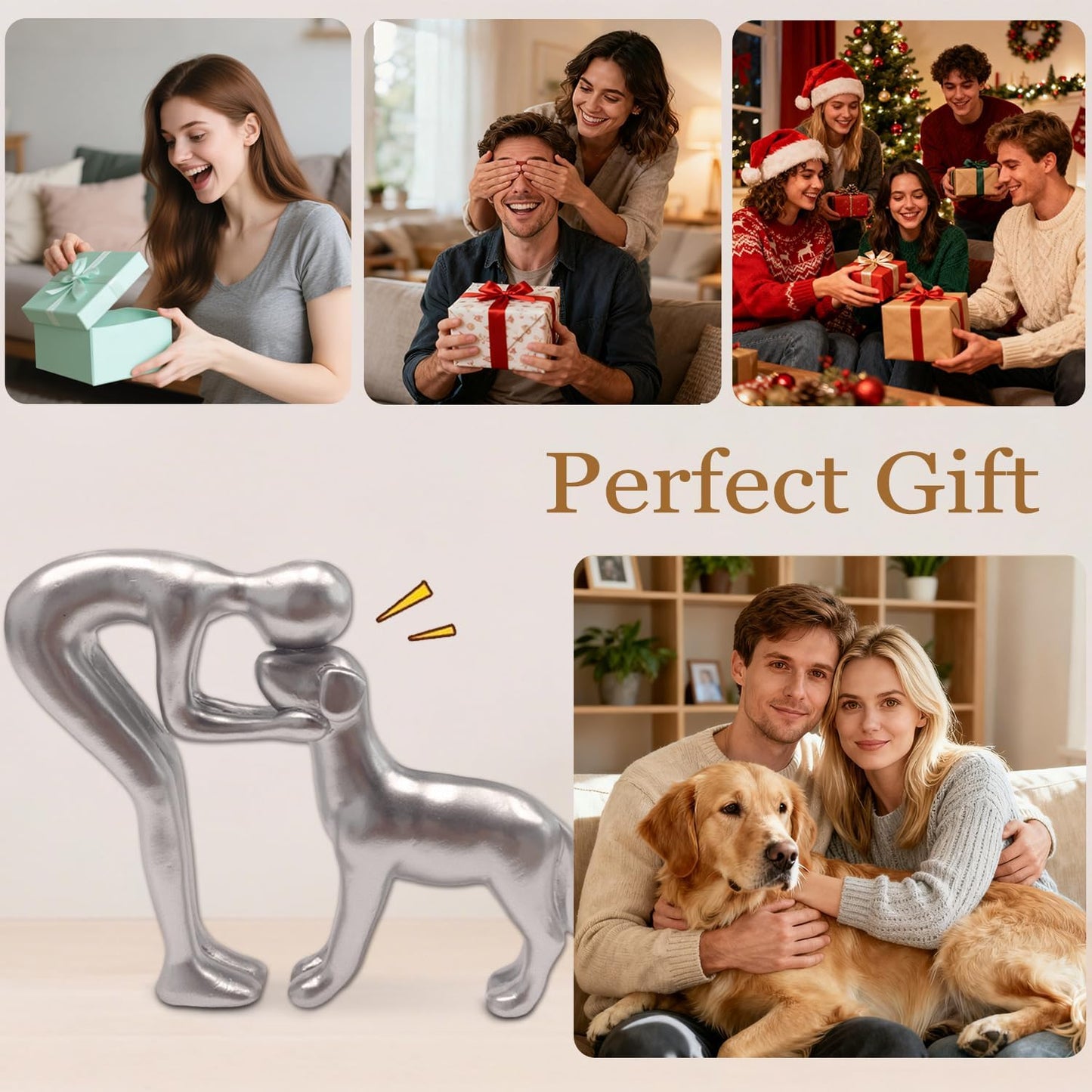 Dog Statues Home Decor Funny Man and Dog Sculpture Decorations for Home Bedroom Living Room Tabletop Bookshelf, Hand-Painted Resin Dogs Memorial Gifts Figurines for Pet Lovers, Silver