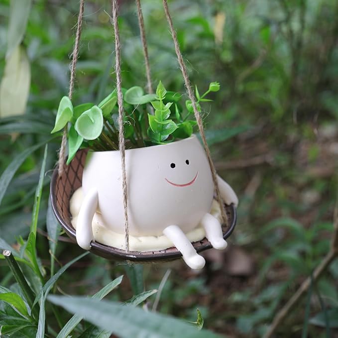 bestbear Hanging Swing Chair Planter Pot Resin Smiley Face Planter for Indoor Outdoor Plant Cute Head Flower Pots for String of Pearls Plant Live Unique IdeaI for Mother Day, Christmas (Small)