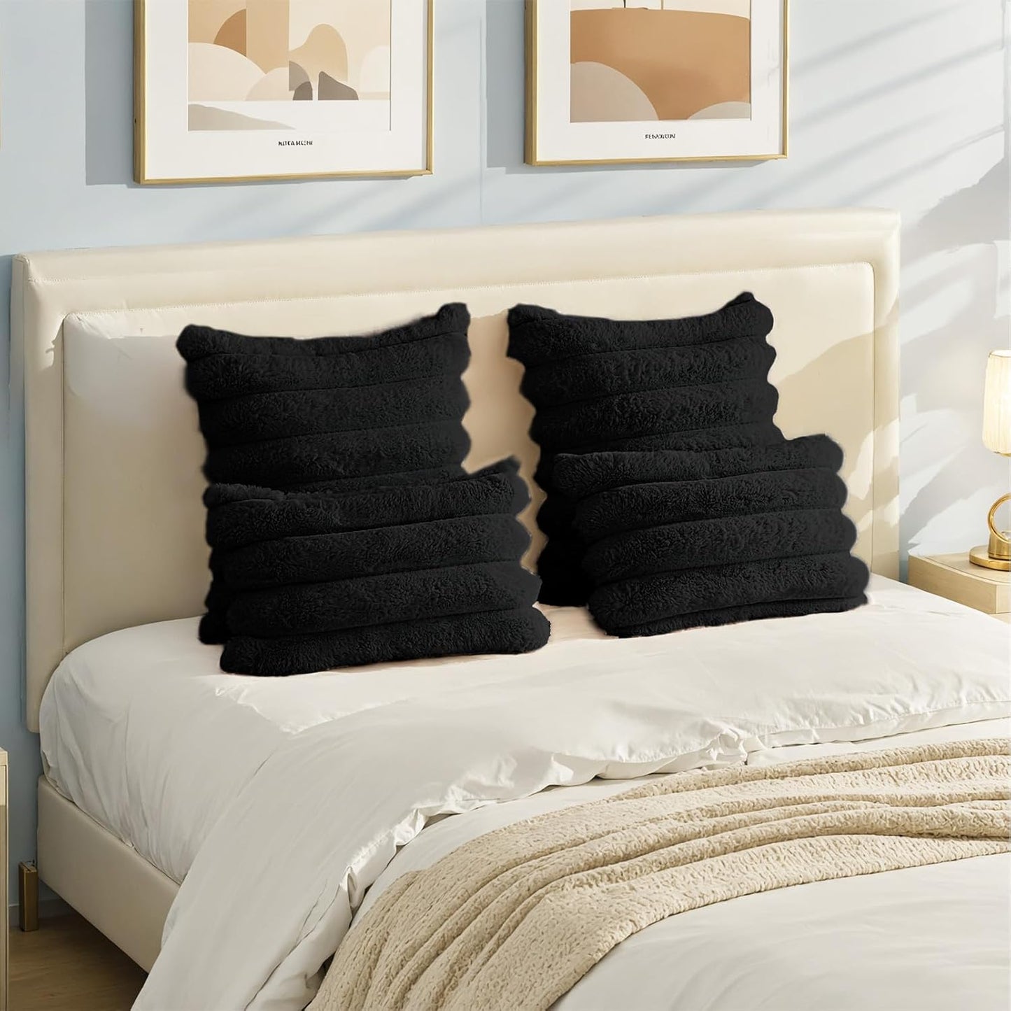 HAUSSY Faux Fur Throw Pillow Covers 18x18 Inch Set of 2,Decorative Striped Neutral Pillow Cases Soft Plush Couch Pillow Covers,Home Decor for Sofa,Bed, Living Room,Black