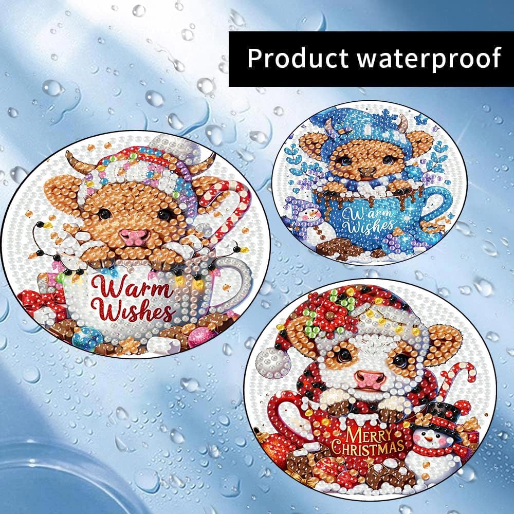 Meothan 8 Pcs Diamond Art Coasters Kits for Adults with Holder Cork Pads, Highland Cow Diamond Dots Art Painting Coasters Crafts Kit for Home Office Decor (Christmas Theme)
