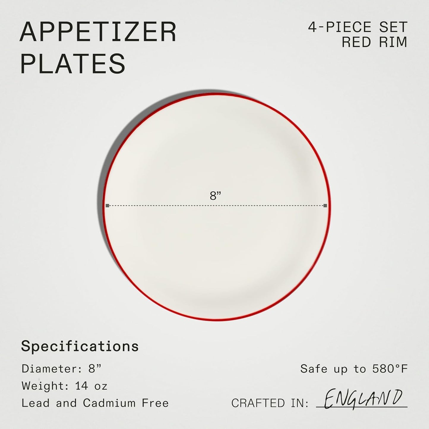 Made In Cookware - Set of 4 - Appetizer Plates - White With Red Rim - Porcelain England