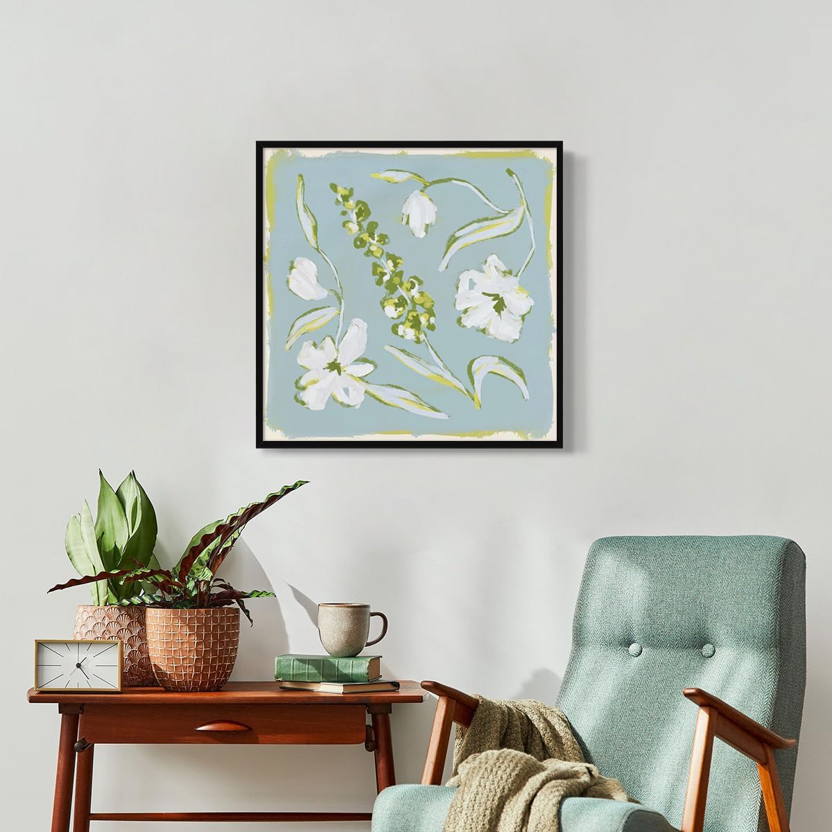 Flower Canvas Wall Art, Blue and Green Floral Aesthetic Poster, Chinoiserie Watercolor Botanical Print, Coastal Grandma Modern Southern Grandmillennial Plant Painting for Wall 12x12in Unframed