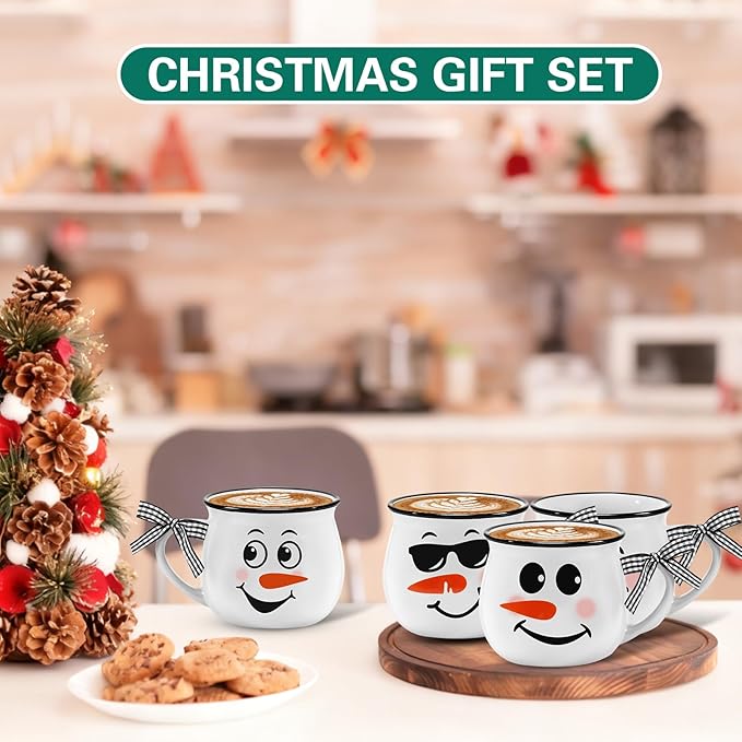 Zubebe Christmas Coffee Mugs Set of 12, 12 oz Hot Cocoa Ceramic Holiday Mugs Set for Mom, Woman, Family, Friend - Farmhouse Tiered Tray Decor, Coffee Bar Decor (White,Snow Man)