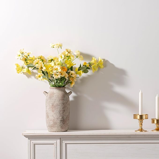 Large Flower Vase Home Decor - 12 inch Tall Ceramic Farmhouse Rustic Table Vases with Handle Living Room Decoration Decorative Modern Pottery for Floor Kitchen Shelf Coffee Dining Desk Fireplace