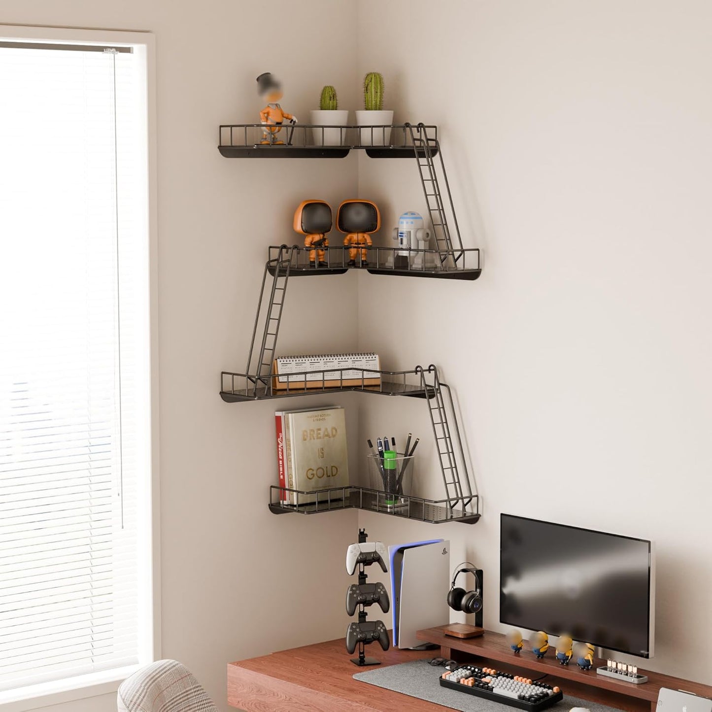 Fire Escape Wall Shelf - Modern City Style 4-Tier Corner Wall Shelves, Easy to Install Metal Ladder Shelf for Figures, New York Decorative Shelves for Bathroom, Living Room & Home Decor,Black