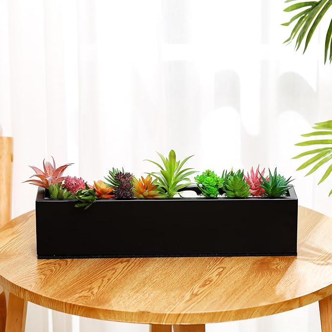 16.1 x 3.2 x 3.5 Inch Long Rectangular Planter Box Window Sill Plant Box Metal Water Trough Indoor Large Modern Steel with Drainage Holes Herb Garden Home(Black)