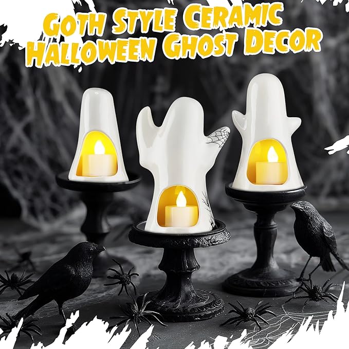 3 Pcs Ceramic Ghost Light up Decor Halloween Spooky Ghost Skull Decorations Indoor Gothic Vintage White Spider Web, Crow Raven Tabletop Decorations for Home Figurines Holiday Party
