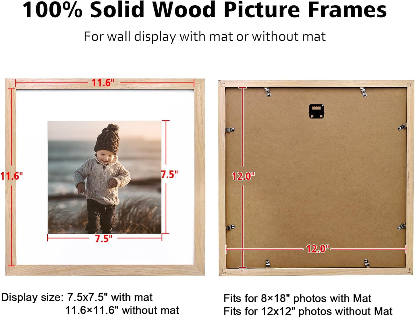 KINLINK 12x12 Picture Frame, Natural Square Solid Wood Frames for Pictures 8x8 with Mat or 12x12 without Mat, Wall Display Photo Frames Natural Wood 4 Pack