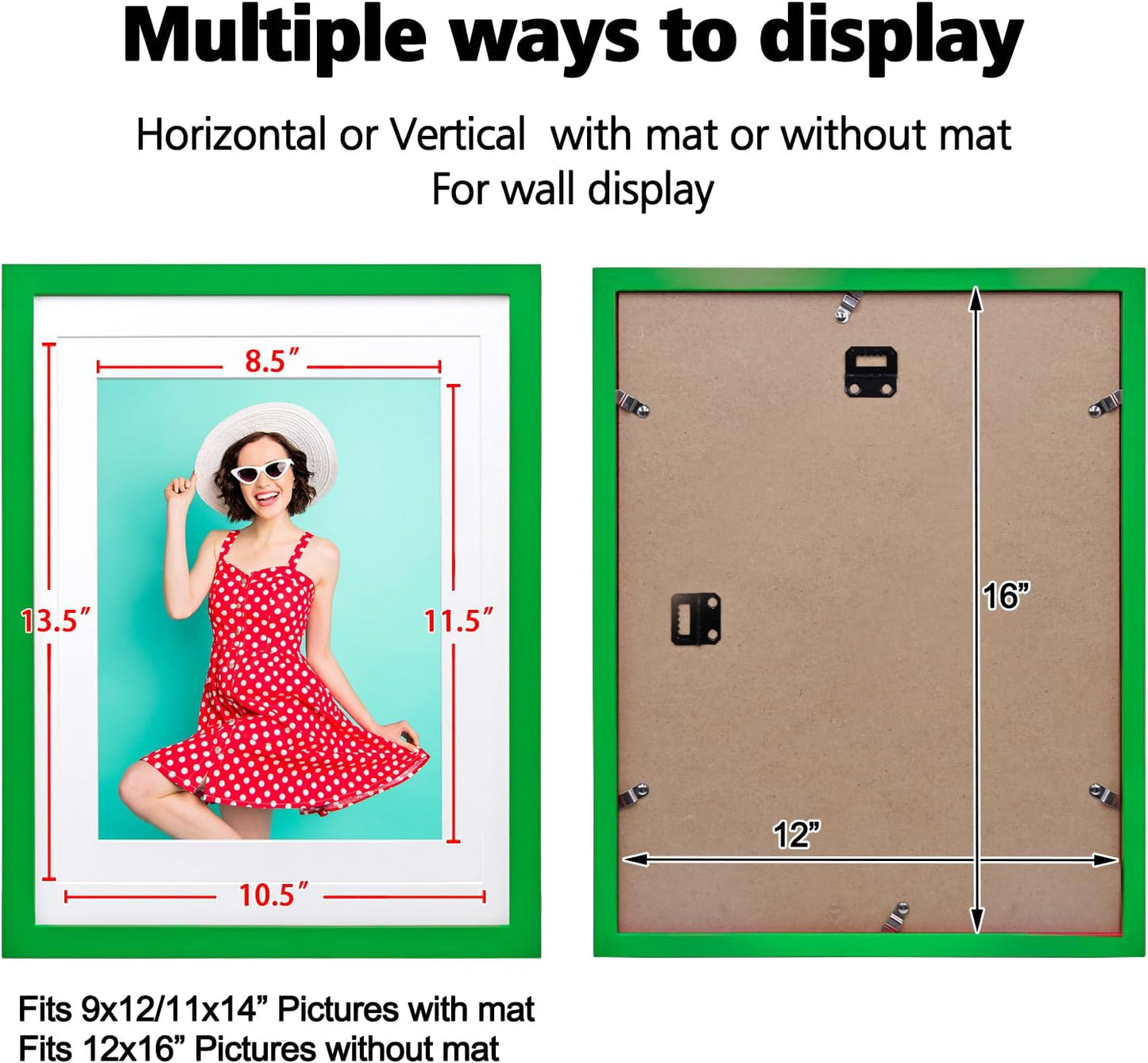 KINLINK 12x16 Picture Frame Grass Green, Solid Wood Frames with Acrylic Plexiglass for Pictures 11x14/9x12 with Mat or 12x16 without Mat, Wall Display Photo Frame, 4 Pack