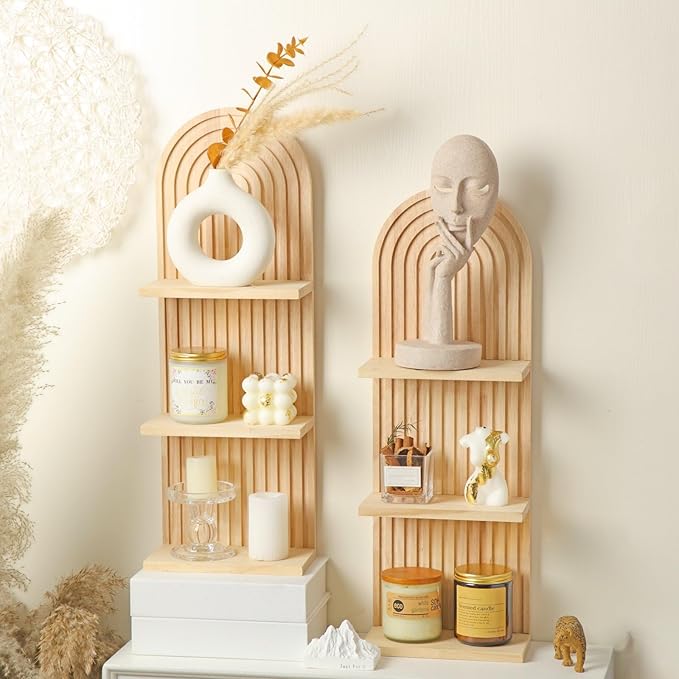 Geetery 2 Pcs Arch Wood Floating Shelf Mid Century Rainbow Wall Shelves Modern Boho Wall Shelf Retro Mounted Wood Arch Decor for Bedroom Living Room Classroom Bathroom Display(3 Tier)