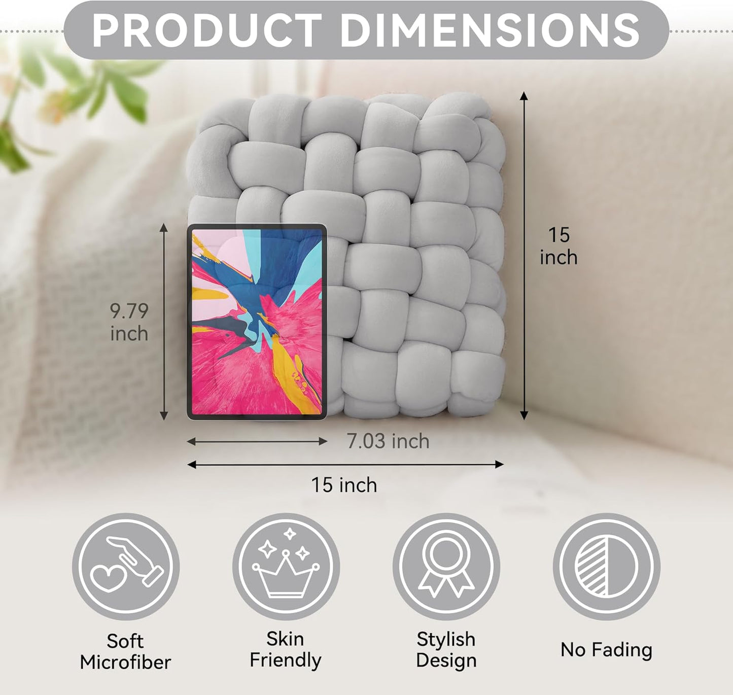 JELLYMONI Grey Square Knot Throw Pillow, Large Size Home Decorative Pillows, Decorative Ins Throw Pillows, Soft Velvet Knotted Decor for Bedroom, Living Room and Couch (L- 15"×15"×4", Grey)