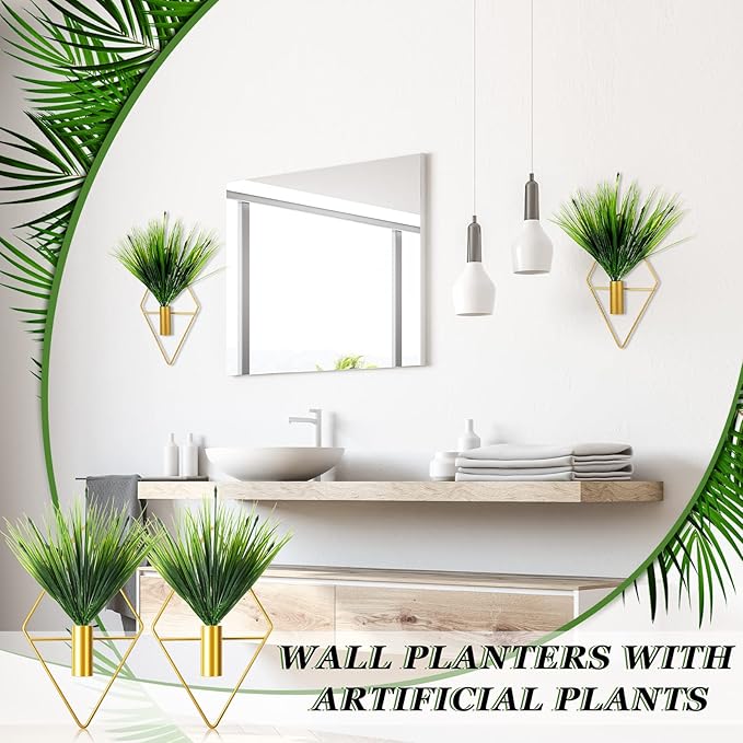 2 Pieces Gold Wall Decor Hanging Planters with Artificial Plants Metal Vase Indoor Plants Holder Modern Geometric Wall Art for Home Bathroom Bedroom Living Room Office(Aquatic Plant,Small)