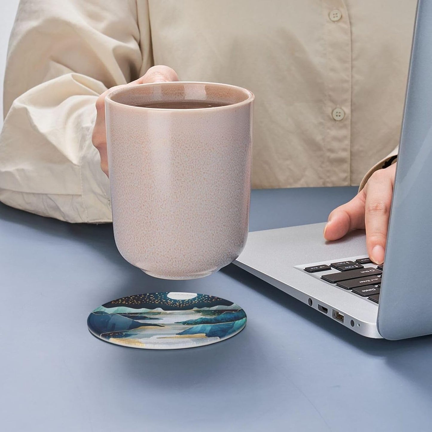 Landscape Mountain Leather Drinks Coasters with Holder, Set of 6, Suitable for Various Cups