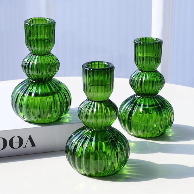 Woho Green Taper Candle Holders Set of 3 for Christmas Decorations, 4.3" H Ribbed Glass Candlestick Holders for Spring Wedding Table, Vintage Candle Sticks Holder Decor Home Decor