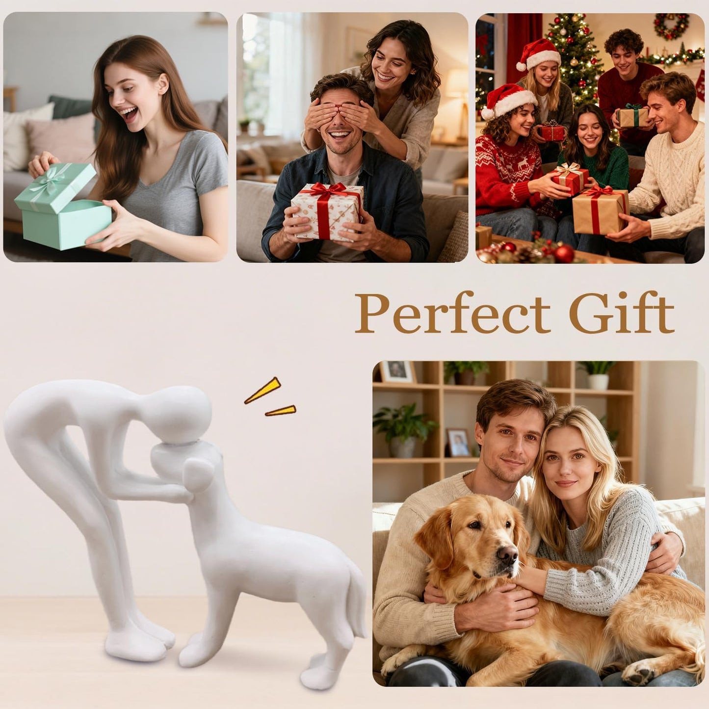 Dog Statues Home Decor Funny Man and Dog Sculpture Decorations for Home Bedroom Living Room Tabletop Bookshelf, Hand-Painted Resin Dogs Memorial Gifts Figurines for Pet Lovers, White