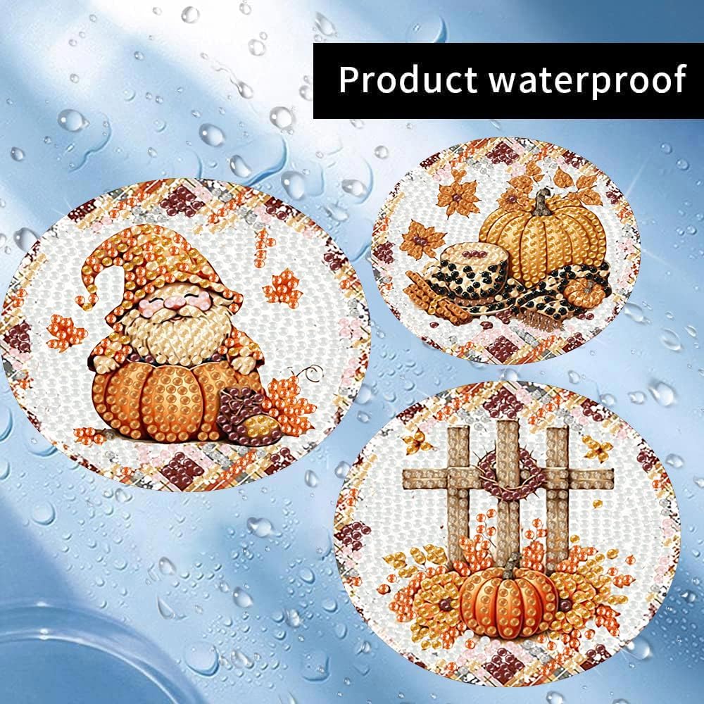 Meothan 8 Pcs Diamond Art Coasters Kits for Adults with Holder Cork Pads, Fall Diamond Dots Art Painting Coasters Crafts Kit for Home Office Decor (Autumn Theme)