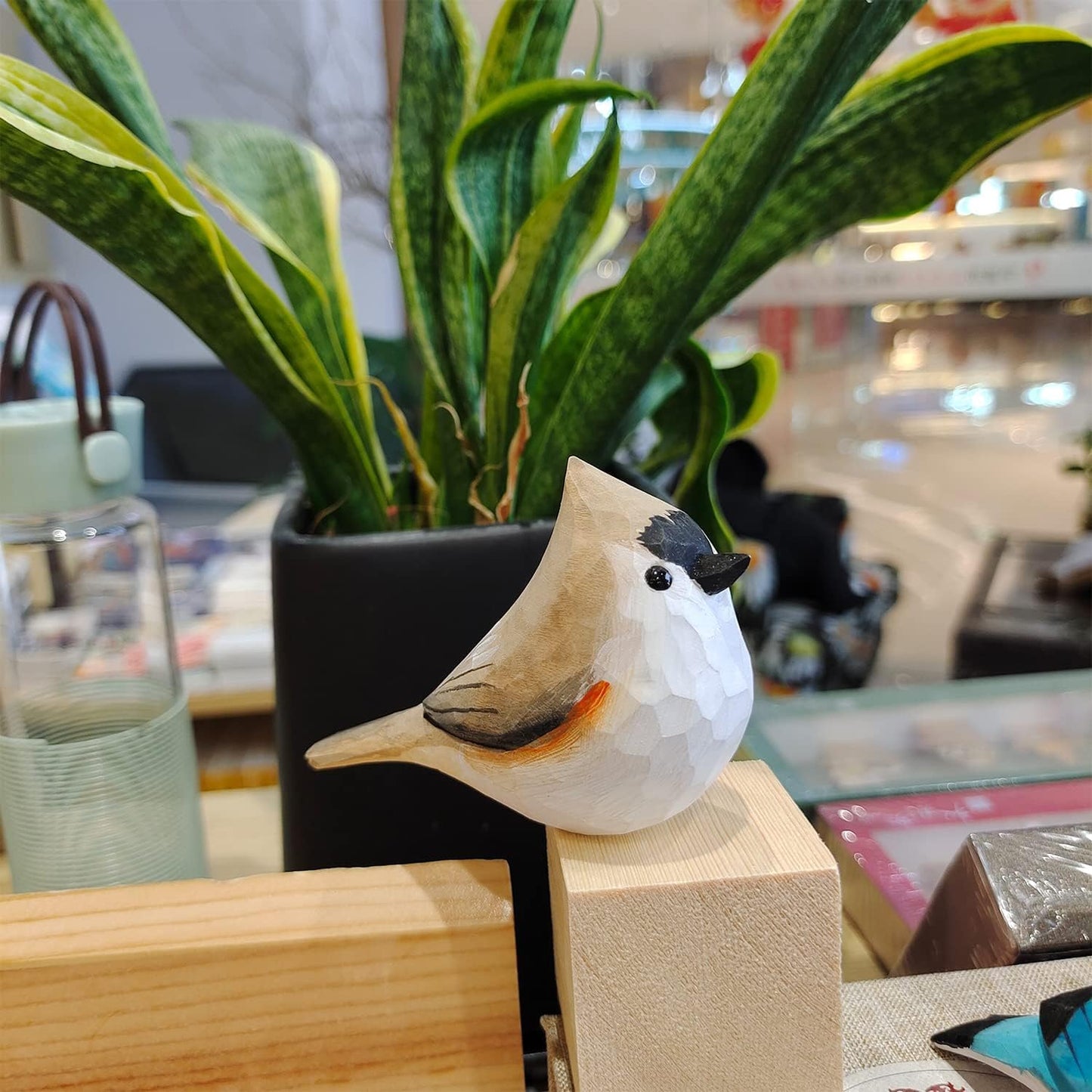 Handmade Wooden Carved Bird Decor - Sculpted Hand-Painted Figurines, Small Home Statue, Shelf Decor, BFF Gifts for Bird Lovers (Tufted Titmouse)