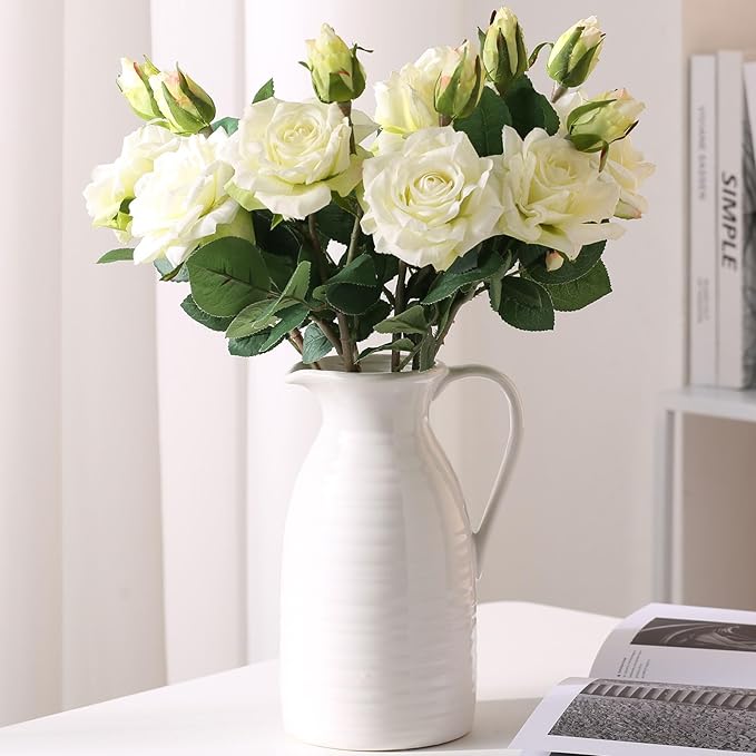 hjn Farmhouse Pitcher Vase for Flowers- Ceramic Pitcher White Flower Vase for Your Kitchen/Home Decor/Office/Living Room/Bookshelf/Mantel/-White