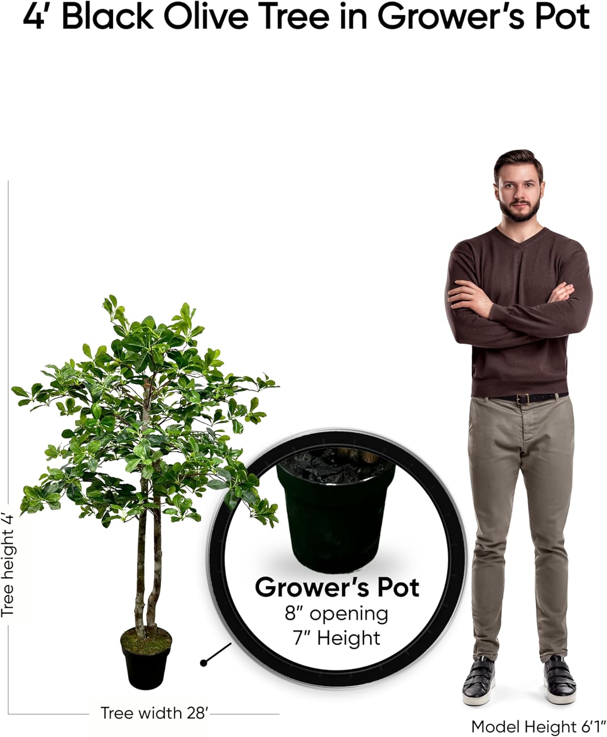 Cypress & Alabaster Handmade 4ft Italian Black Olive Leaf Artificial Tree with Ethically Sourced Real Wood Trunks, Hypoallergenic, 4-Foot, Green