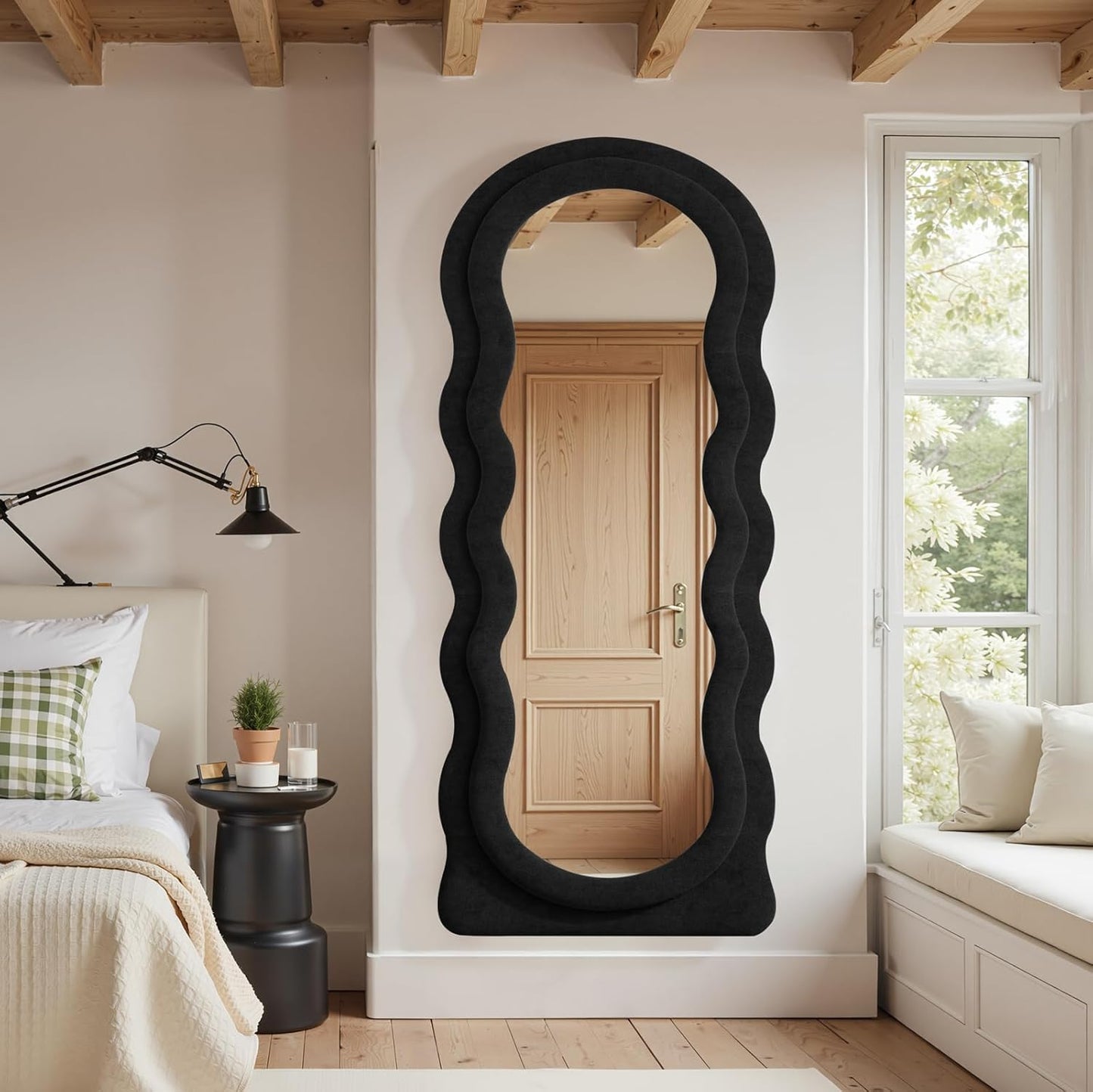 Full Length Mirror 71"x30" Irregular Wavy Full Body Wall Mounted Floor Mirror with Stand Black Flannel Frame Leaning Hanging Wall for Bedroom Entrance Hallway