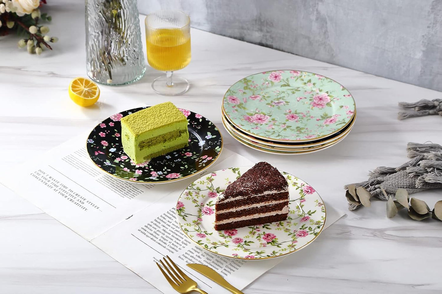 Floral Dessert Plates, Set of 6-8 Inch Ceramic Appetizer Plates with Gold Trim, Vintage Floral Design for Salad, Tea Party & Dinner