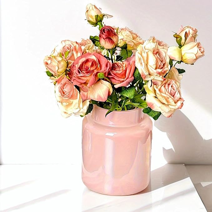 BLOFLO Pink Glass Vase, 7 Inch Large Glass Vase for Flowers, Modern Thick Glass Flower Vases for Centerpieces, Decorative Glass Cylinder Hydroponic Vase for Wedding, Home, Office (Pink, 7Inch)