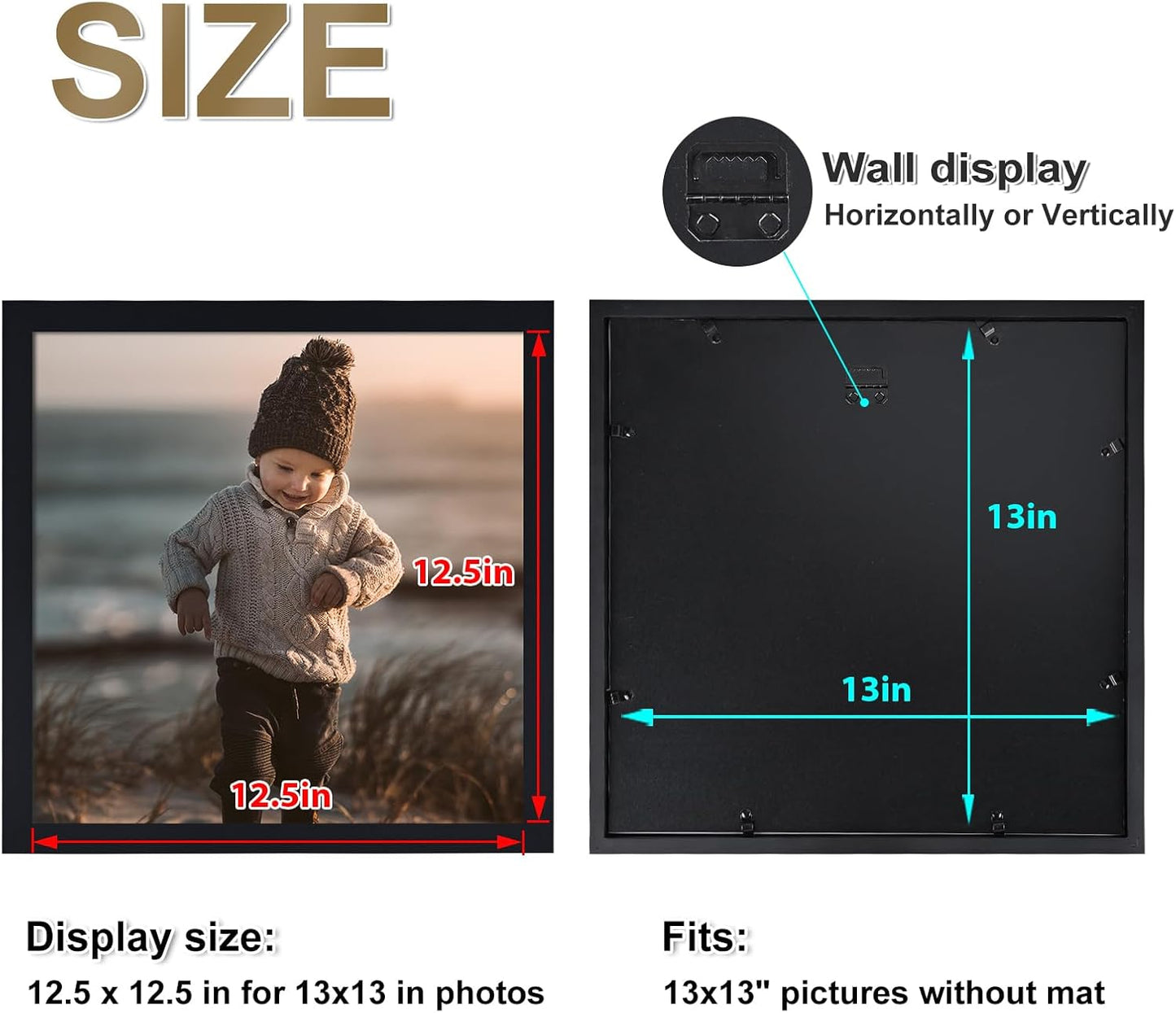 KINLINK 13x13 Picture Frame, Black Square Solid Wood Frames for Pictures 13x13 without Mat and 12.5x12.5 Music Record Album, Wall Display Photo Frames Black 4 Pack