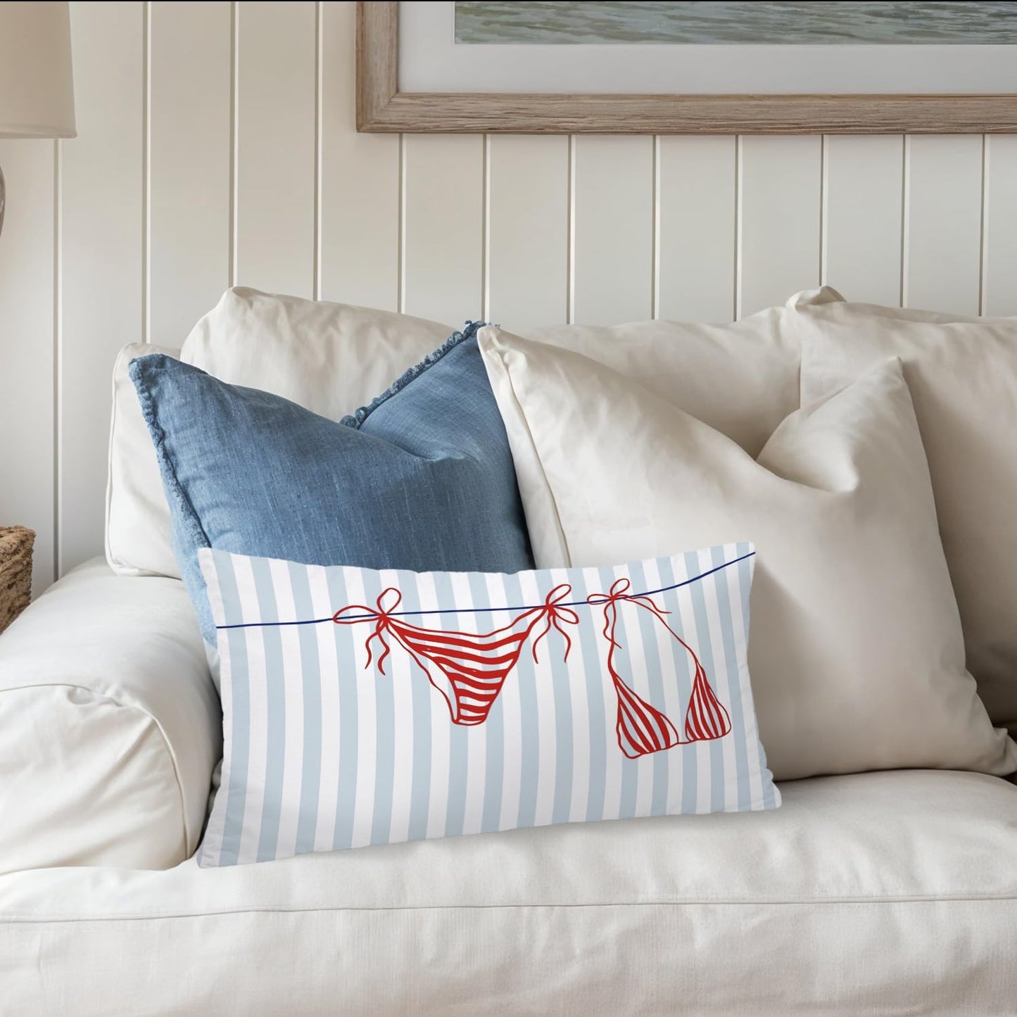Blue Coastal Dorm Preppy Beach Girly Room Decor 12x20 Bikini Pillow Cover, Coastal Striped Decorative Lumbar Pillow Covers for Girls Bedroom College Dorm Sofa Couch