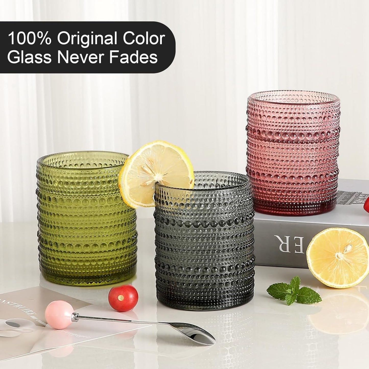 Colored Hobnail Drinking Glasses Set of 6,12oz Vintage Kitchen Glassware,Embossed Beaded Glass Cups,Water Tumbler for Cocktail,Juice and Various Mixed Drinks